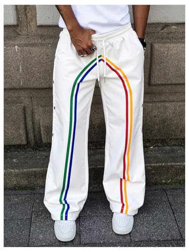 Men's Striped Baggy Sweatpants Y2k Side Button Drawstring Waist Straight Leg Stacked Track Pants with Pocket3
