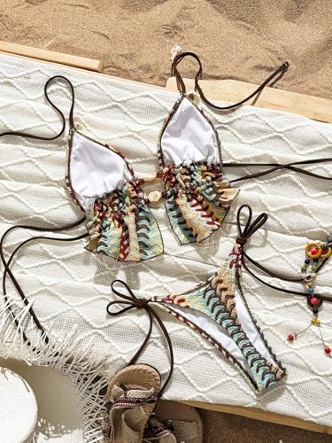 Image of ZAFUL Halter Swimsuits for Women Textured Backless 2 Piece Bathing Suits Cheeky High Cut String Tie Side Bikini Sets