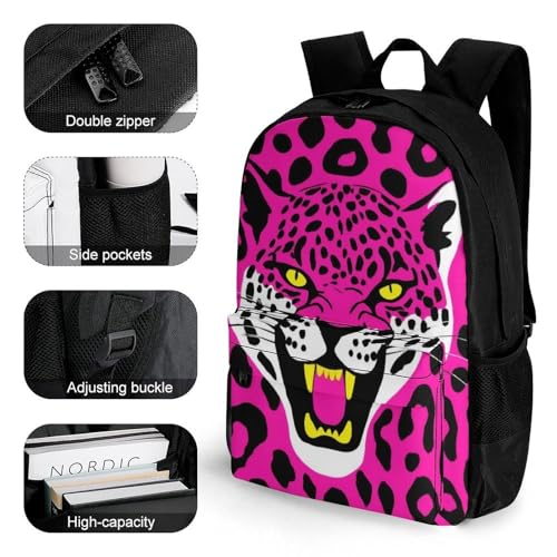 Supdreamc Men Women Polyester Pink Leopard Cheetah Art Daypack Big Capacity Shoulder Bag With Adjustable Shoulder Straps for Camping Travel Walking Cycling3