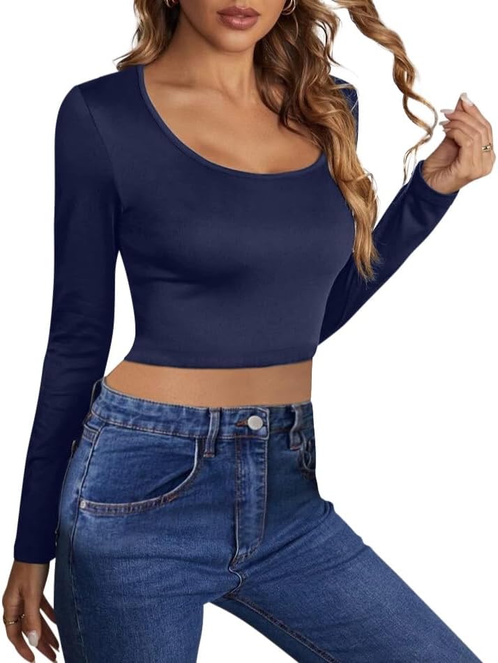 Sweet Hearts Long Sleeve Crop Top for Women- Solid Square Neck Casual Basic Shirt Made in USA - Image 2