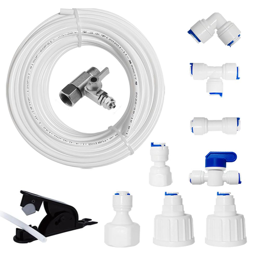 Wasserzulaufleitung Universal Anschluss-Set mit T Stück für Wasserrohr, drücken, Kühlschrankschlauch, 10M 1/4 Zoll (6.35mm) Schlauch, I+T+L Schnellsteckverbinder,Anschlussstück,Absperrventil