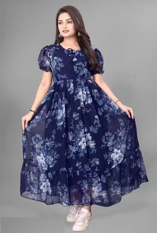 jahu mart Women's Maxi Dress, Floral Print, Short Puff Sleeves, Tiered A-Line Fit-picture-41