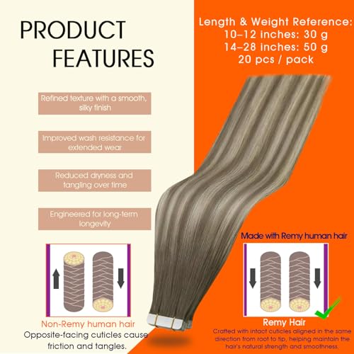 Image of Full Shine Tape in Hair Extensions Human Hair,7 /1000 /7 Cool Brown And Blonde,16Inch 50G 20Pcs,Seamless Human Hair Tape in Extensions for Thin Hair,Remy Human Hair,Add Volume and Fuller Hairstyle