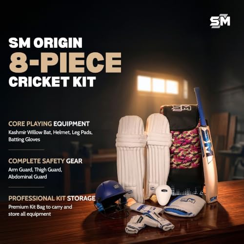 Image of SM Origin Complete Cricket Kit for Men | Cricket Set | 8-Piece: Kashmir Willow Bat + Helmet + Pads + Gloves + Kit Bag + Thigh + Arm + Abdominal Guard | Beginner Starter Kit | Club & Academy | Size SH
