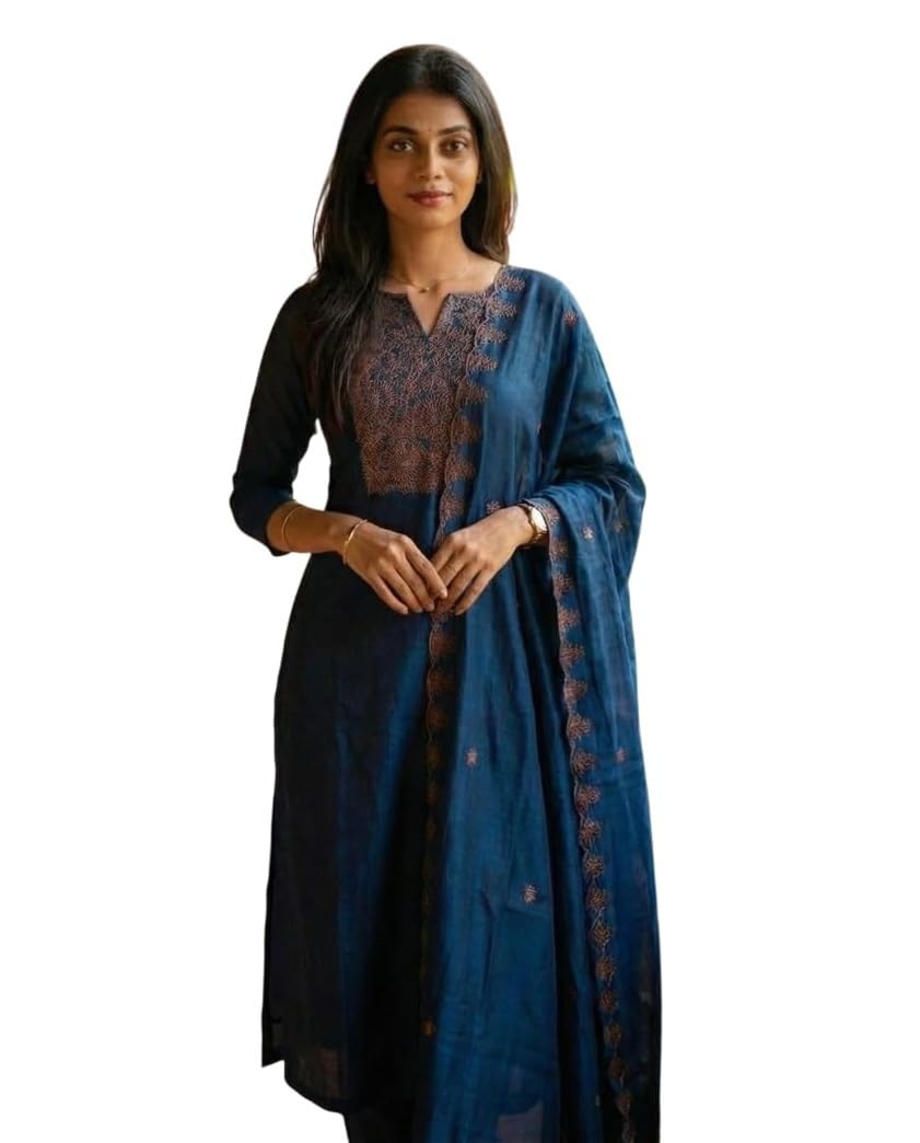 Women's Beautiful Heavy Vertical Cotton Kurta with Pant & chanderi Dupatta Regular Fit Round Neck Stylish Comfortable Ethnic Wear Salwar Suits for Women-picture-34