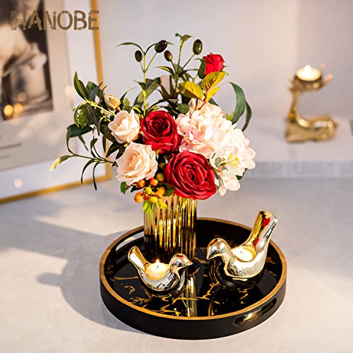 Hanobe Round Decorative Coffee Tray: Marble Pattern Serving Circle Tray with Handles Coffee Table Trays for Living Room Bar Drink Party Home Kitchen Black - Image 2
