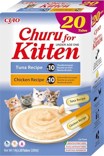 INABA Churu Kitten Gatos - Recetas Saludables de Atún y Pollo - Snack para Cachorros Menores de 12 Meses - Alimento con Omega 3 y 6 - Sin Conservantes ni Colorantes - 280g (20 Tubos x 14g)