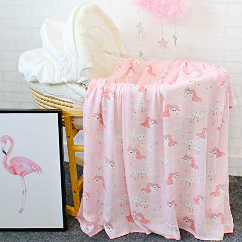 Image of Kassy Pop Printed 6 Layer Bamboo Muslin Blanket Cum Swaddling Towel for Baby, Toddlers | 70% Bamboo, 30% Cotton | AC Quilt, Multi-Purpose Blanket | Toxin Free | 110cm x 110cm (Pink Unicorn Print)
