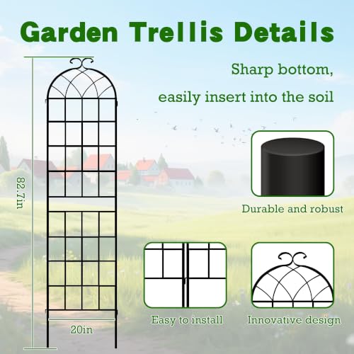 Image of 82.7 x 40in Rustic Iron Arch Decoration Garden Trellis with Black Metal Coating - Perfect for Supporting Climbing Plants Outdoor, Roses, Vines, Flowers, and Vegetables.