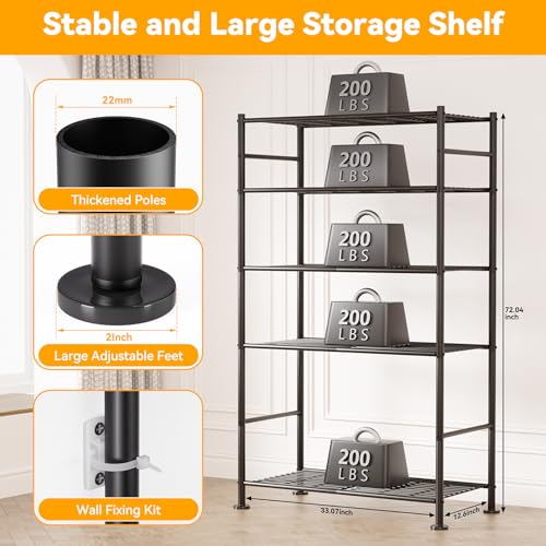 BolDuck 5 Tier Shelf Organizer Rack, Metal Shelving Unit with Adjustable Leveling Feet, Space-Saving Storage Shelves for Garage Closet Laundry Bathroom Kitchen Pantry, 33.07”Wx12.6”Dx72.04”H,Black - Thumbnail 3