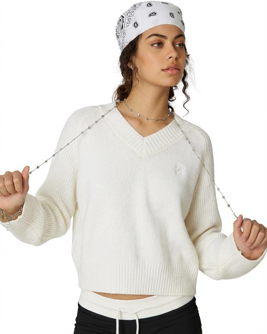 Aelfric Eden Cropped Sweater for Women V-Neck Flare Sleeve Crop Sweater Oversized Pullover Jumper Knit Tops