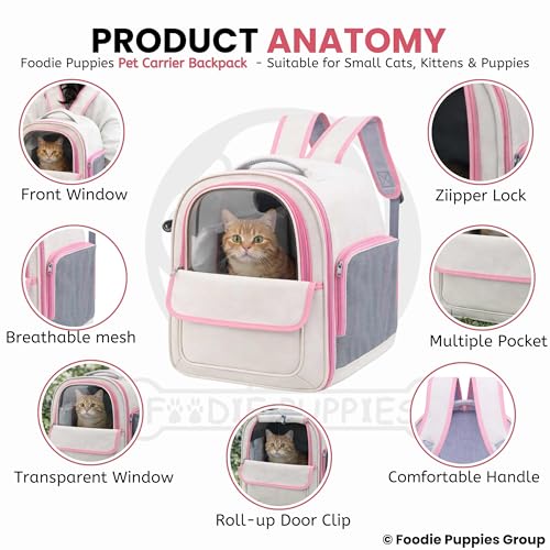 Image of Foodie Puppies Pet Carrier Backpack for Cats and Small Dogs - (Beige Pink) (41 x 33 x 24cm) l Transparent Window, Foldable Design with Pocket, Airline Approved Air Ventilation Travel Bag