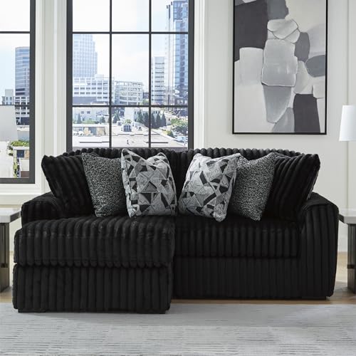 Image of Signature Design by Ashley 2-Piece Sectional Sofa with Chaise, Black | 100% polyester jumbo corduroy, Engineered wood frame, Platform foundation system, Living room use, Midnight-Madness Series