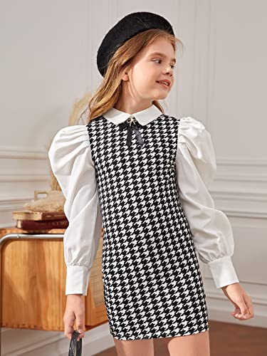 WDIRARA Girl's Houndstooth Long Puff Sleeve Fitted Mini Dress Vintage Cute Dress4