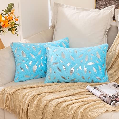 MIULEE 2 Pack Faux Fur Cushion Covers Fluffy Throw Pillow Covers Gold Feathers Soft Lovely Decorative Sapphire Square Luxurious Pillowcase for Livingroom Golden-Light Grey 45x45cm 18x18 Inch
