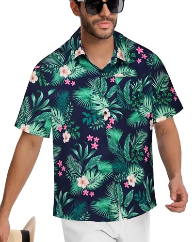 Image of Men Hawaiian Shirt Short Sleeve Summer Beach Button Down Shirts with Pocket