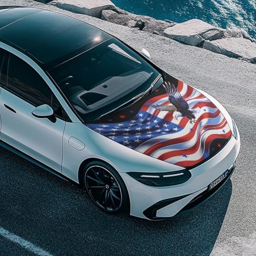 Image of Car Hood Cover Car Hood Wraps American Flag Bald Eagle Auto Banner Stretchable Auto Decorative Accessories for Compact Sedans SUV Trucks (59x39 Inch)