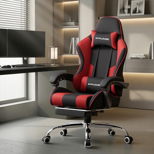 Image of GTPLAYER Gaming Chair, Computer Chair with Footrest and Lumbar Support, Height Adjustable Game Chair with 360-Swivel Seat and Headrest and for Office or Gaming (RED, Fabric)