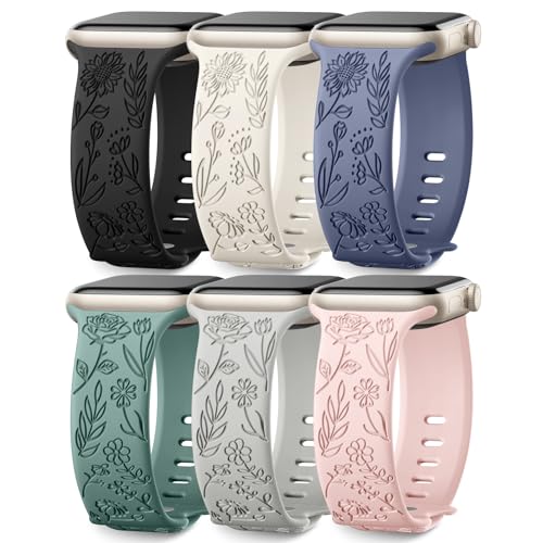 Image of SNBLK 6 Pack Floral Engraved Bands Compatible with Apple Watch Bands 40mm 41mm 42mm 38mm 44mm 45mm 46mm 49mm Women Men, Silicone Flower Pattern Strap for iWatch Series 11 10 Se Ultra 9 8 7 6 5 4 3 2 1
