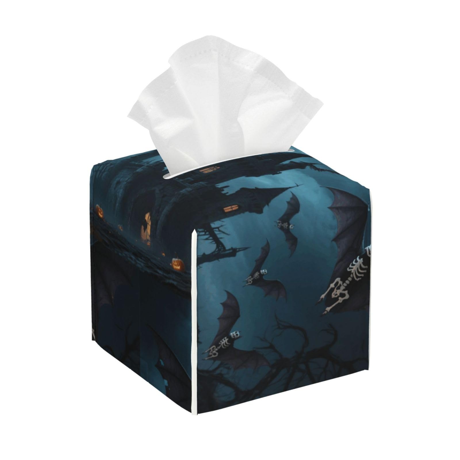 Pu Leather Cube Tissue Box Holders Modern Waterproof Square Tissue Box Cover Halloween Moon and Bat Facial Paper Holder for Bathroom Kitchen Nightstand Office Home Decor