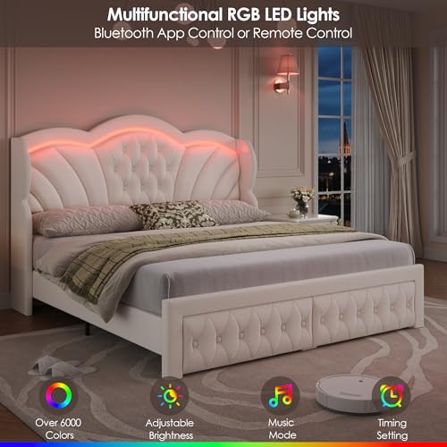 Keyluv King Bed Frame with LED Lights, Wingback Design, Tufted Headboard, Storage Drawer, Velvet Upholstery, Beige