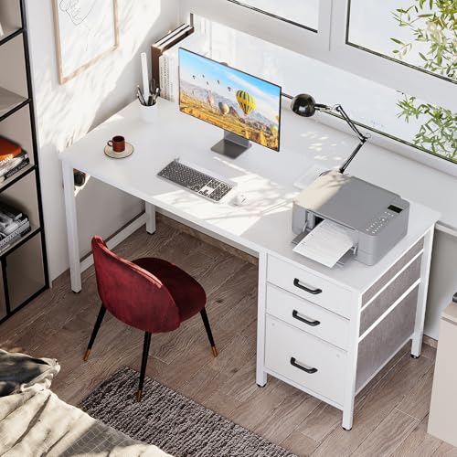 Coleshome Schreibtisch mit 3 Stoff Schubladen, 120x48cm Computertisch mit Kopfhörer Halter, Reversibler PC Schreibtisch Bürotisch für kleines Heimbüro, Weiß