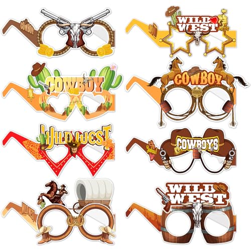 8 Pcs Décoration de Lunettes de Fête de Cowboy Occidental Cowboy Paper Fête Lunettes Masque Accessoires de Photomaton Party Favors Supplies pour Carnival Wild West cowboy Party Thème Cowgirl Birthday