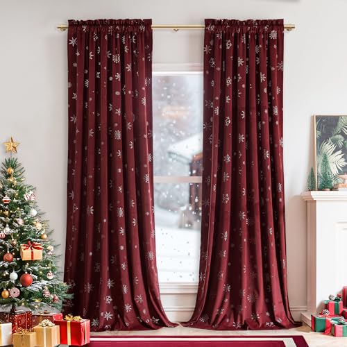 Image of Beauoop Christmas Red Velvet Curtains 96 Inches Long 2 Panels for Bedroom Living Room Silver Snowflake Holiday Decor Burgundy Thermal Insulated Room Darkening Rod Pocket Window Treatments Drapes 52X96