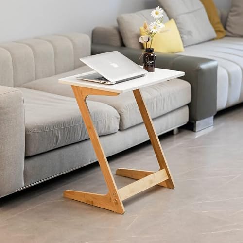 Forevich Bamboo Modern Tv Trays Table For Eating, Wood Couch Table End Snack Desk Sofa Side Table Z Shaped White #TOP1