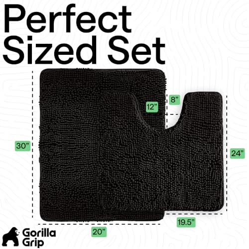 Image of GORILLA GRIP Bathroom Rug Sets, Soft Chenille 2 Piece Area Rugs Set, Toilet Base Mat and 30x20 Carpet, Absorbent Microfiber Washable Mats Dry Quickly, Home Decor and Bath Room Accessories, Black