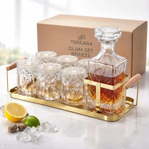 TOSCARA Whiskey Decanter Set with Gold Tray| 6 Whiskey Glasses & 800ml Glass Decanter – Premium Glass, Metal & Wood Design, Perfect Gifts for men & dad- remy martin, Wine & Liquor