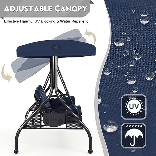 Image of HOMREST 3 Seat Outdoor Porch Swing with Adjustable Canopy, Convertible Patio Swing Bed with Stand, Patio Glider Swing with Upgraded Cup Holder, Thicken Cushions & Pillow for Backyard(Blue)