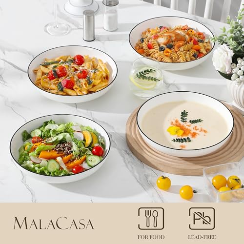 Image of MALACASA 8.85 inch Large Pasta Bowls, 42 OZ White Salad Bowls Soup Bowls, Porcelain Serving Bowls Set of 4, Ivory White & Black Rim, Microwave & Dishwasher Safe, Series REGULAR