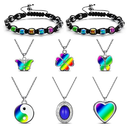 Junkin 6 Pcs Mood Pendant Chain Necklace with 2 Pcs Adjustable Mood Bracelet, Mood Necklaces Color Changing Mood Jewelry Thermochromic Mood Changing Christmas and New Year Gift for Boys and Girls