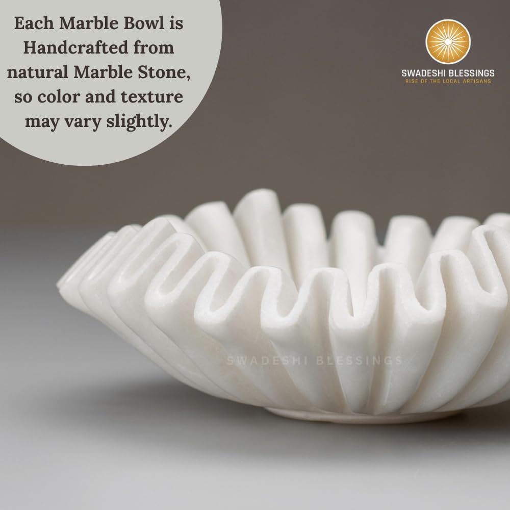 SWADESHI BLESSINGS HandCrafted Marble Ruffle Bowl, Large Decorative Bowl for Home Decor, Key Bowl for Entryway Table, Scalloped Bowls for Dining Table Centerpiece Decor, Catch All Bowls, 9"