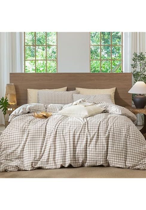 MooMee Gingham Duvet Cover Set 100% Washed Cotton Linen Like | Relaxed Lived-in Texture. Soft, Br...