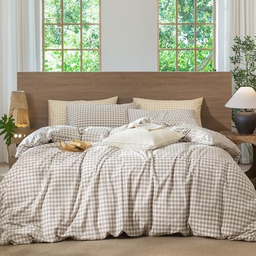 Image of MooMee Gingham Duvet Cover Set 100% Washed Cotton Linen Like King | Relaxed Linen-like Texture. Soft, Breathable & Long-lasting Comfort. Lightweight. Hidden Zipper with 8 Interior Corner Ties