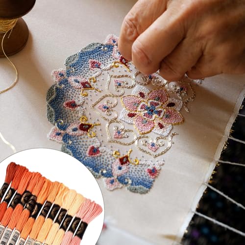 Image of 105 Yards 12 Skeins Gradient 6 Strands Orange Red Variegated Embroidery Thread Friendship Bracelet String Polyester Cross Stitch Floss Threads Assorted Bulk Set for Hand Sewing Making Supply