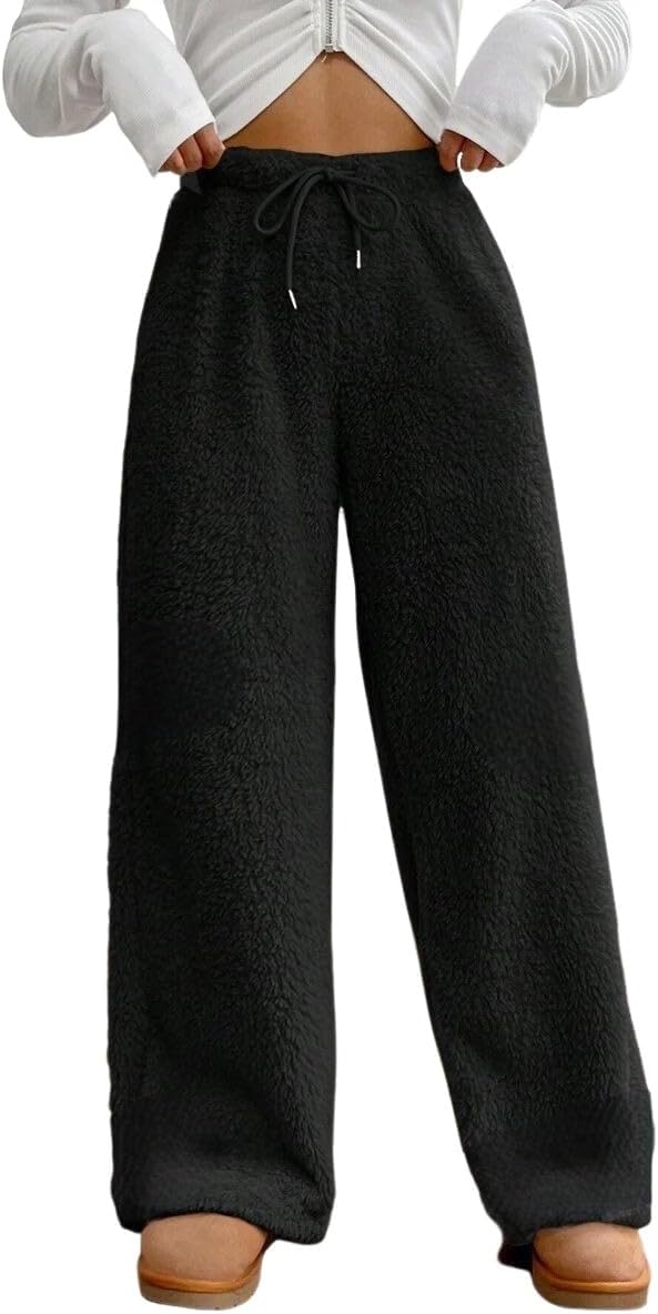 ZAFUL Women's Fuzzy Plush Pajama Pants Drawstring Elastic Waist Wide Leg Teddy Pj Bottoms Lounge Pants