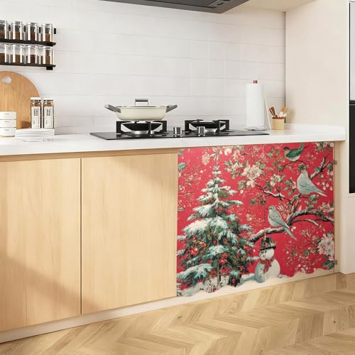 Image of Self Adhesive Red Bird & Pine Tree Cabinet Curtain for Mother's Day, 39x28 Inch Vintage Floral Under Sink Skirt No Drill, Spring Cleaning Kitchen Decor, Hook and Loop Laundry Valance