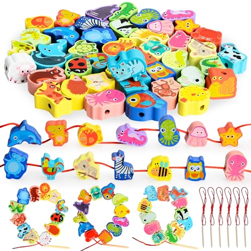 Jouet Montessori Enfiler en Bois Enfant 2 Ans, Perle a Enfiler Enfant AVCE 44pièces Animal Perles en Bois, Jouets Puzzle Jeu éducatif Cadeau Noel pour Fille Bebe 2 3 4 Ans