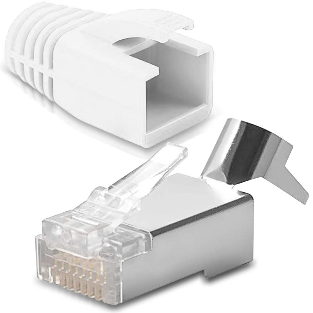 Netzwerkstecker Netzwerk DSL Stecker CAT7 CAT7A CAT6 CAT6A CAT5 RJ45 DSL LAN vergoldete Kontakte Knickschutz, Farbe:Weiss, Stückzahl:100 Stück