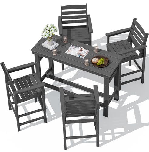 SERWALL Outdoor Bar Set 4 Adirondack Bar Chairs & Bar Height Table Grey