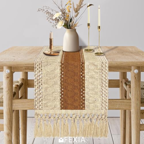 Image of FEXIA Boho Table Runner 60 Inches Long Macrame Summer Decor Coffee Table Cover Farmhouse Stylewith Tassels for Party Bohemian Rustic Wedding Bridal Shower Dining Room Middle Brown (12x60 Inches)