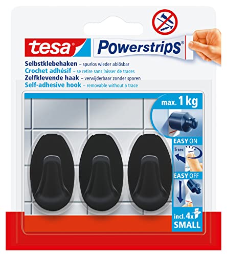 tesa Powerstrips Self-Adhesive Hooks - 3 x Small Oval Shaped Hooks for Tiles, Glass, Plastic and Other Surfaces - Strong Hold, Up to 1kg - Black
