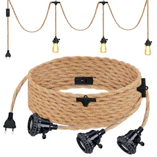 Kit de Lámpara Colgante con Cuerda de Cáñamo, 3 Portalámparas E27 con Interruptor de Enchufe, Cable de Lámpara Vintage, Luz Colgante de 6.8 m, Cable/Soga de Lámpara Colgante de Un Solo Cabezal DIY