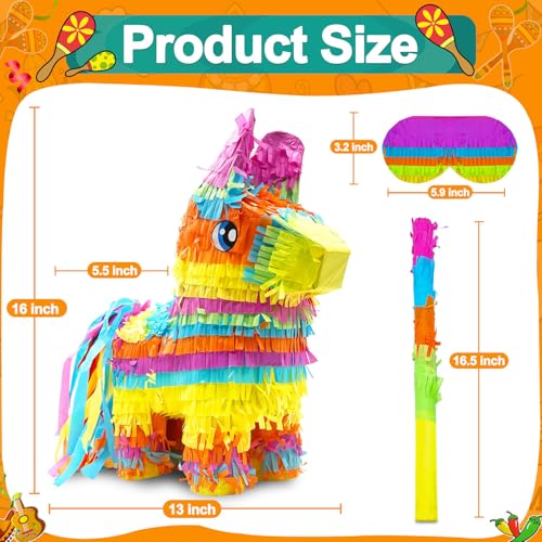 16" Cinco de Mayo Pinata, Large Rainbow Color Donkey Pinata 16 x 13 x 5.5 ln with Stick and Blindfold for Fiestas Mexican Party Decoration, Kids Birthday Party Favors, Taco Tuesday Event - Thumbnail 2