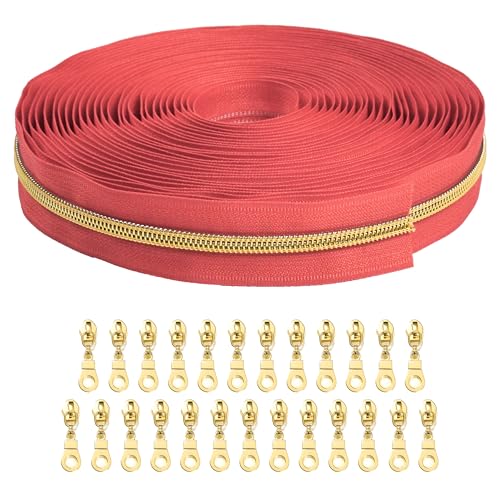 Zynzaoacs #5 Zipper by The Yard with Pulls, Continuous Orange Red Tape (10Yds) and Rust-Proof Gold Pulls (25Pcs), Bulk Zippers for Sewing Bags and Purses, Cuttable Nylon Zipper Roll