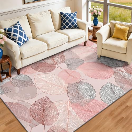 Alfombra 140 x 200 cm Lavable Antideslizante, Diseño Hojas Geométricas De Lujo En Oro Rosa, Alfombra Suave de Pelo Corto para Salón Dormitorio Mujeres Urbanas, Rosa