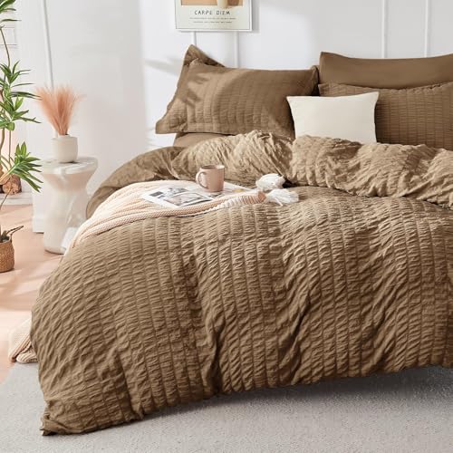 Image of HYMOKEGE Brown King Size Comforter Set Seersucker 7 Pieces, All Season Luxury Bed in a Bag for Bedroom, Bedding Set with Comforter, Sheets, Pillowcases & Shams